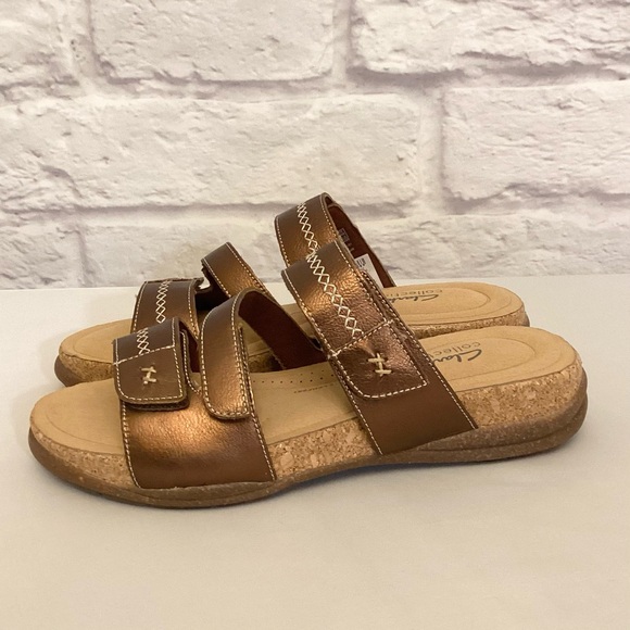 Clarks 9.5W Roseville Bay Women’s Leather Cork Copper Sandals Wide Comfort Shoes - Picture 9 of 9